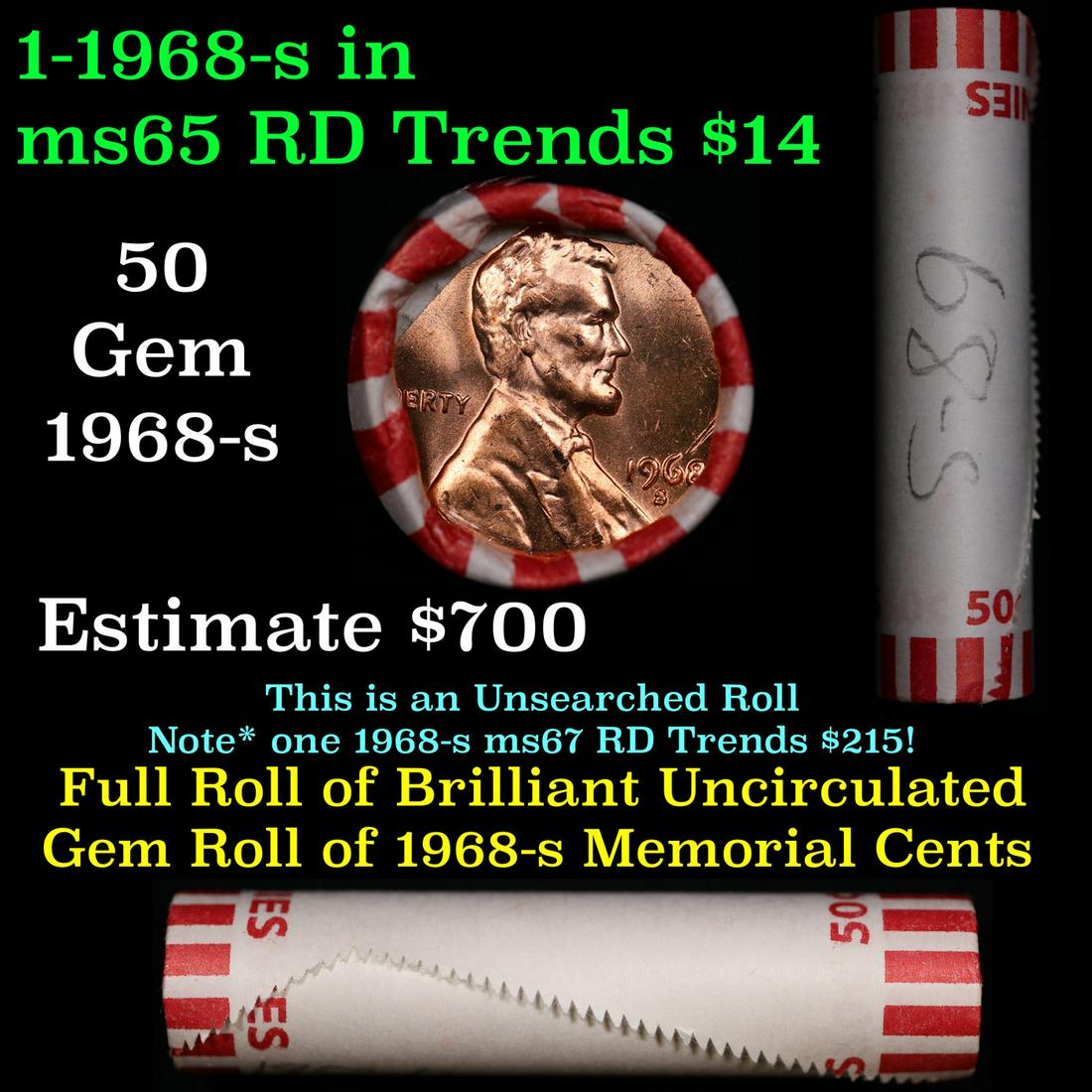 Shotgun Lincoln 1c roll, 1968-s 50 pcs Bank Wrapper.: Shotgun Lincoln 1c roll, 1968-s 50 pcs Bank Wrapper.. A terrific Shotgun roll of Lincoln cents. Most if not all coin should be cherry red.