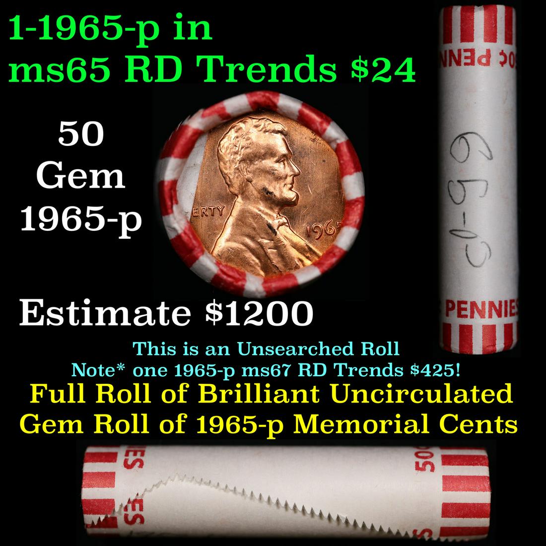 Shotgun Lincoln 1c roll, 1965-p 50 pcs Bank Wrapper.: Shotgun Lincoln 1c roll, 1965-p 50 pcs Bank Wrapper.. A terrific Shotgun roll of Lincoln cents. Most if not all coin should be cherry red.