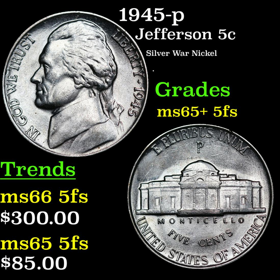 1945-p Jefferson Nickel 5c Grades GEM+ 5fs (1 of 3)
