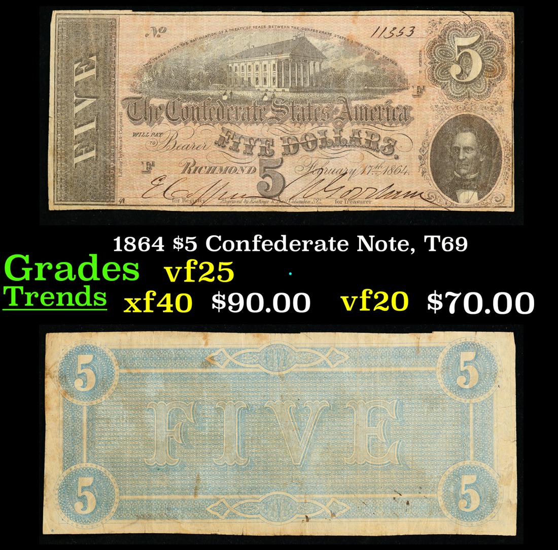 1864 $5 Confederate Note, T69 Grades vf+ (1 of 3)