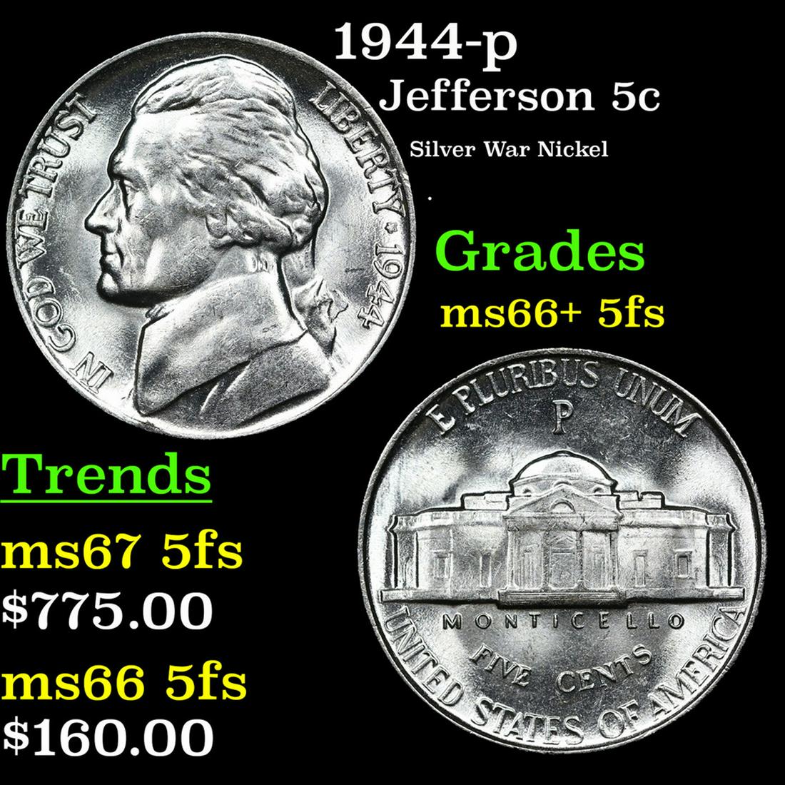 1944-p Jefferson Nickel 5c Grades GEM++ 5fs (1 of 3)