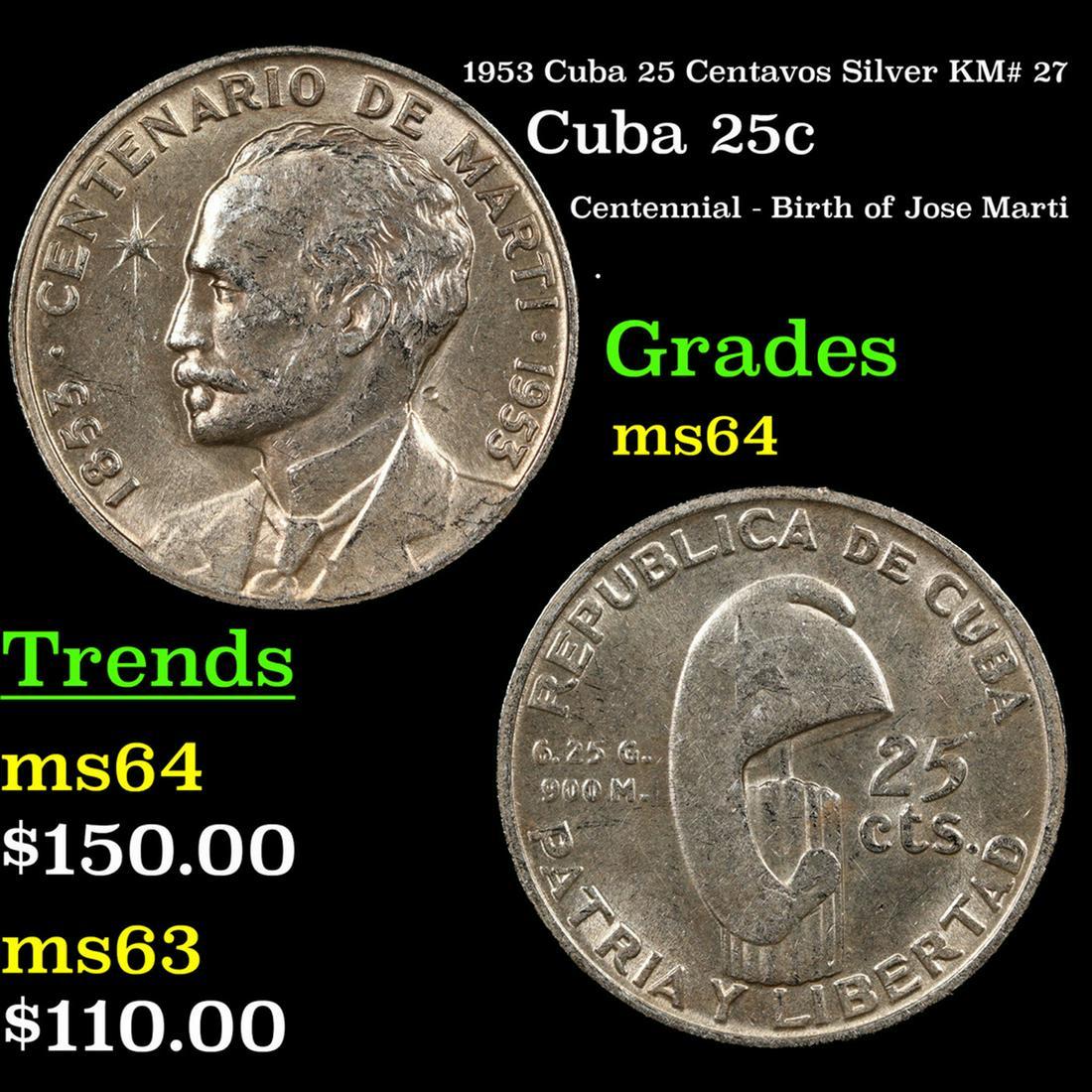 1953 Cuba 25 Centavos Silver KM# 27 Grades Choice Unc (1 of 3)