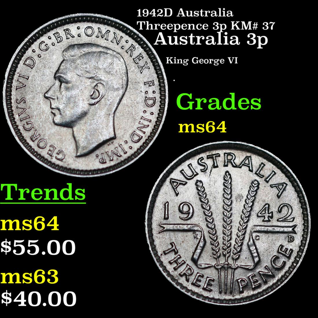 1942D Australia Threepence 3p KM# 37 Grades Choice Unc: 1942D Australia Threepence 3p KM# 37 Grades Choice Unc.