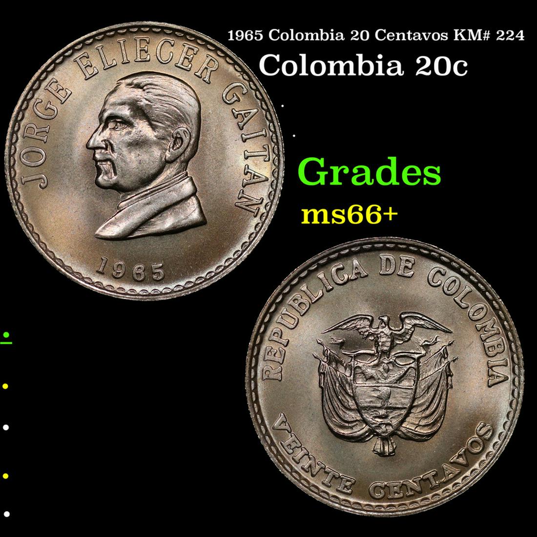 1965 Colombia 20 Centavos KM# 224 Grades GEM++ Unc (1 of 3)