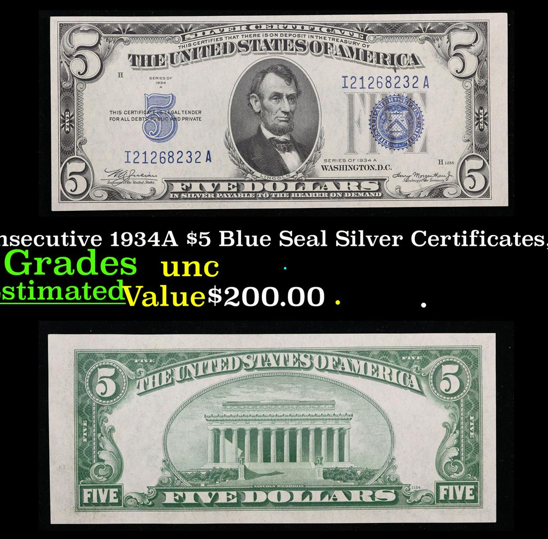 2x Consecutive 1934A $5 Blue Seal Silver Certificates, All CU! Grades Brilliant Uncirculated (1 of 5)