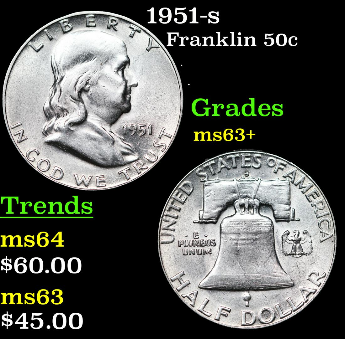 1951-s Franklin Half Dollar 50c Grades Select+ Unc (1 of 3)