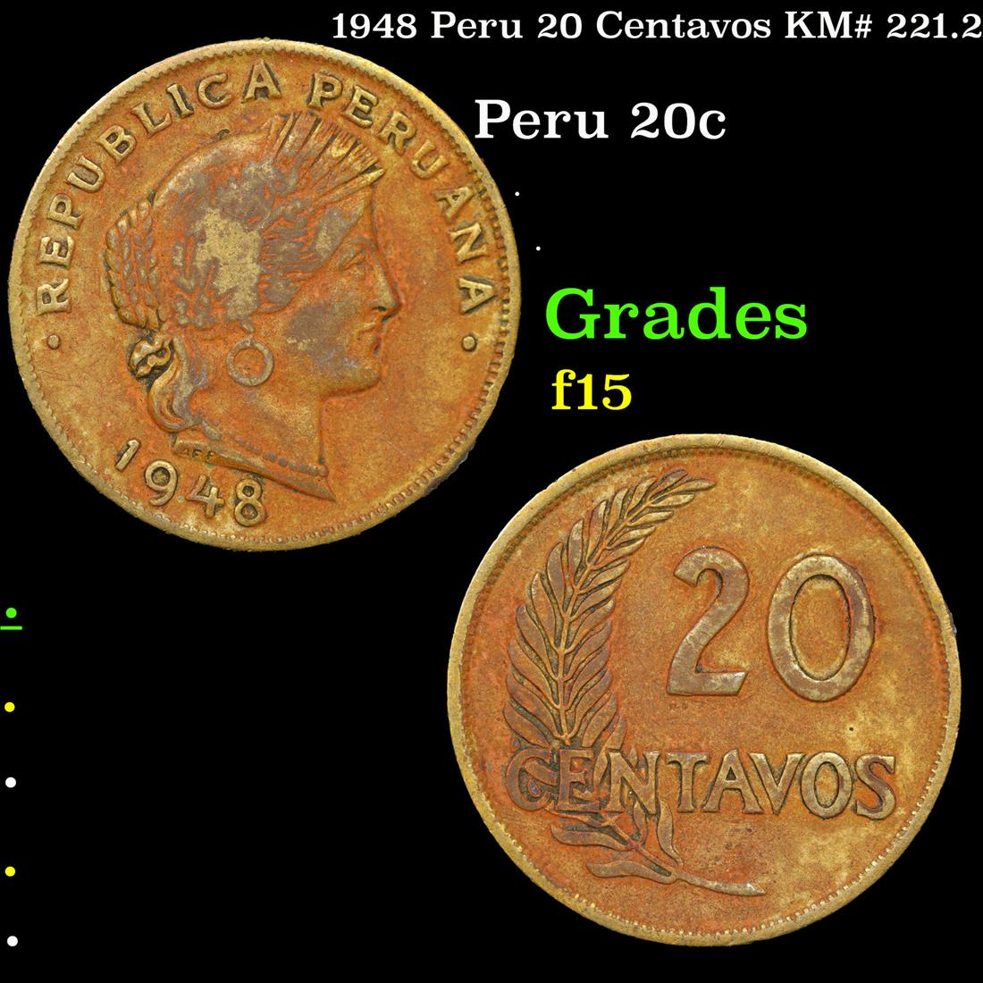 1948 Peru 20 Centavos KM# 221.2 Grades f+ (1 of 3)