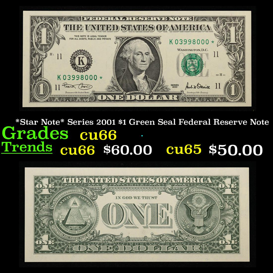 *Star Note* Series 2001 $1 Green Seal Federal Reserve Note Grades Gem+ CU (1 of 3)