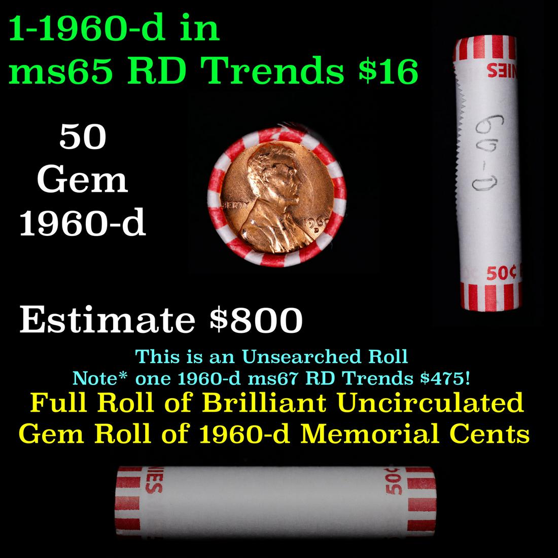 Shotgun Lincoln 1c roll, 1960-d 50 pcs Bank Wrapper.: Shotgun Lincoln 1c roll, 1960-d 50 pcs Bank Wrapper.. A terrific Shotgun roll of Lincoln cents. Most if not all coin should be cherry red.