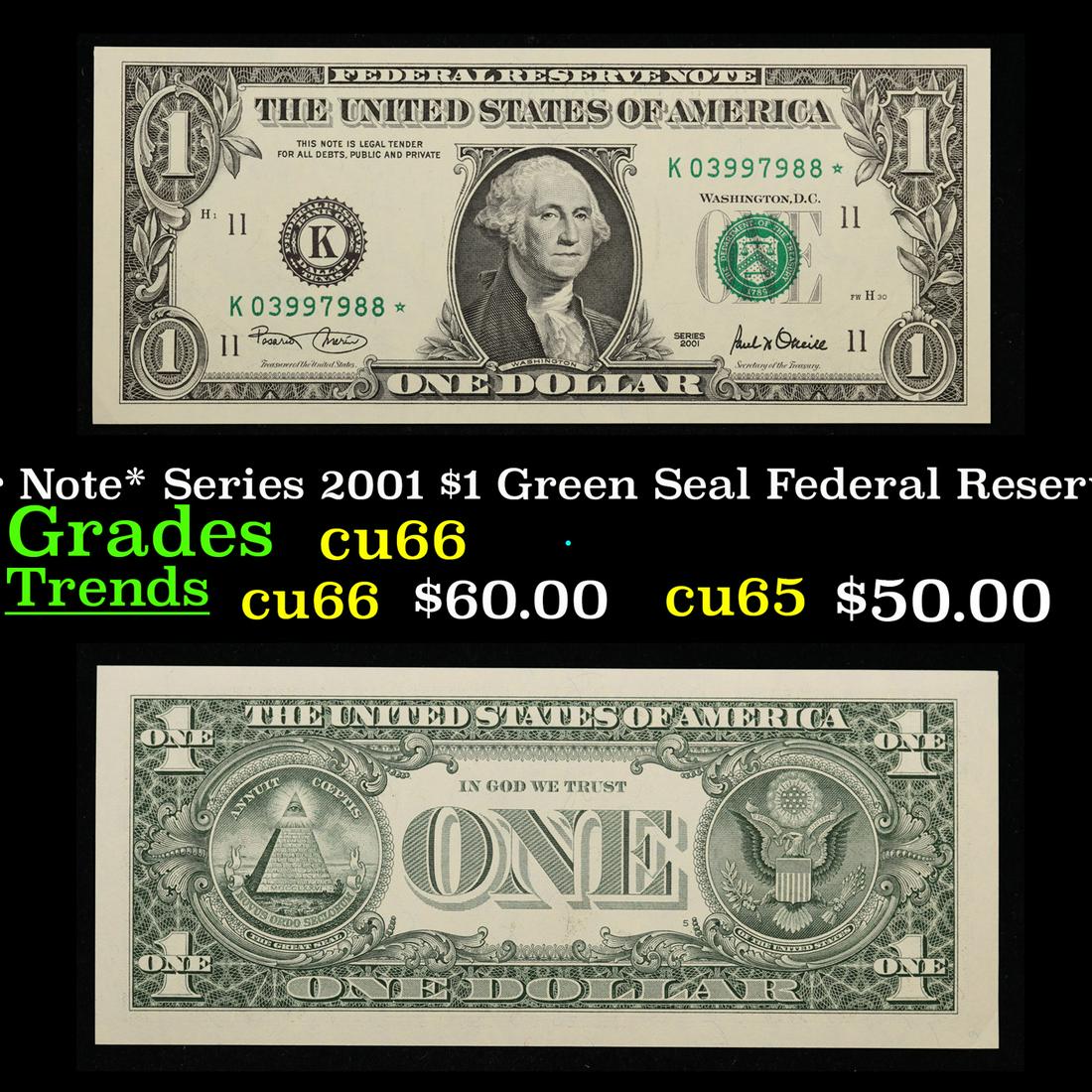 *Star Note* Series 2001 $1 Green Seal Federal Reserve Note Grades Gem+ CU (1 of 3)