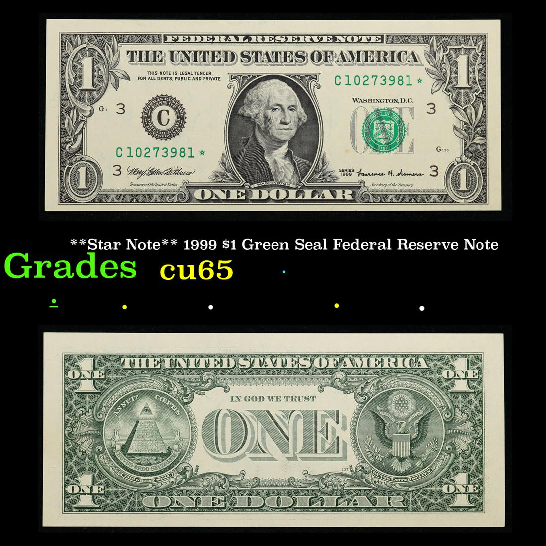 **Star Note** 1999 $1 Green Seal Federal Reserve Note  Grades Gem CU (1 of 3)