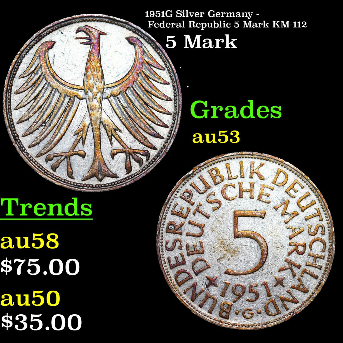 1951G Silver Germany - Federal Republic 5 Mark KM-112 Grades Select AU (1 of 3)