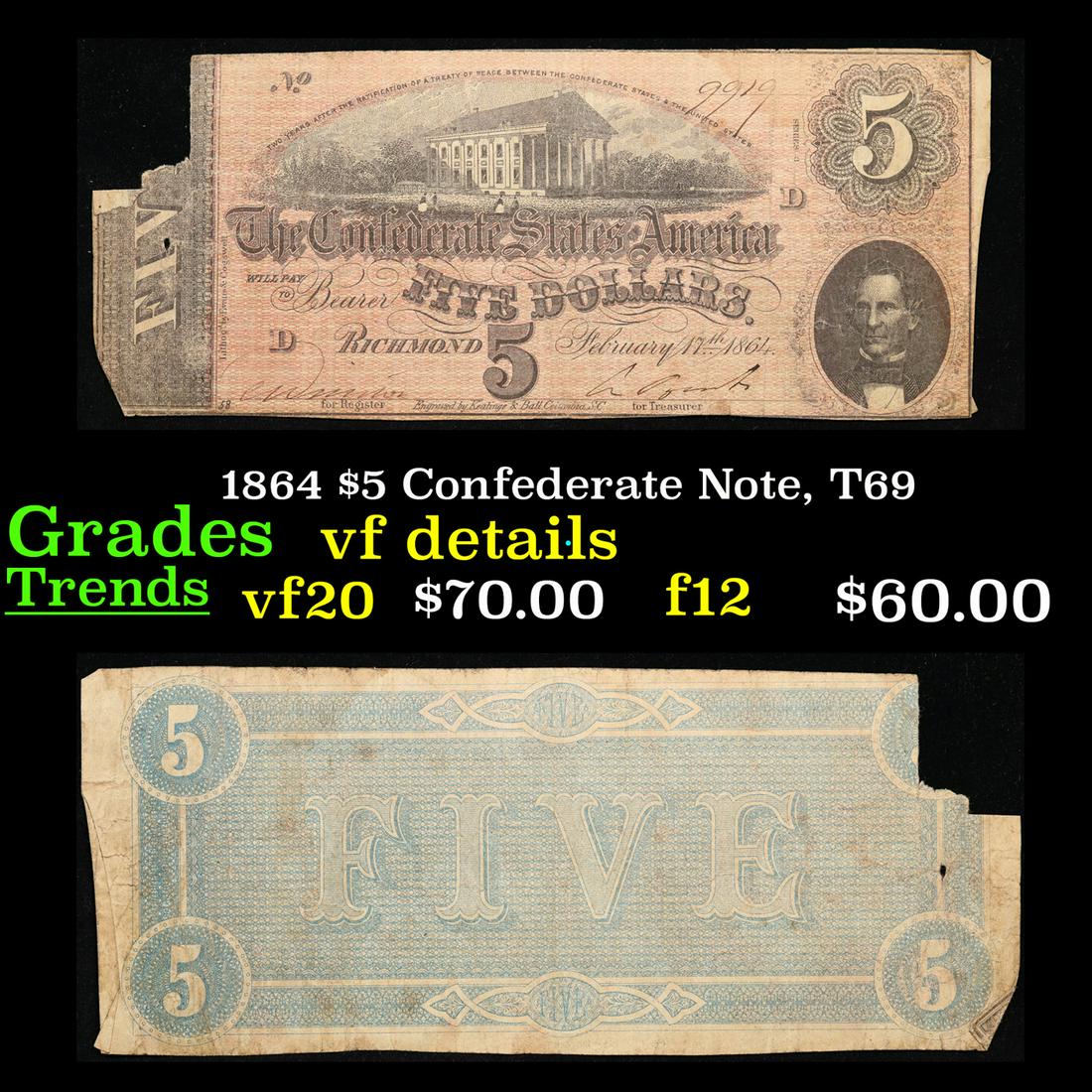 1864 $5 Confederate Note, T69 Grades vf details (1 of 3)