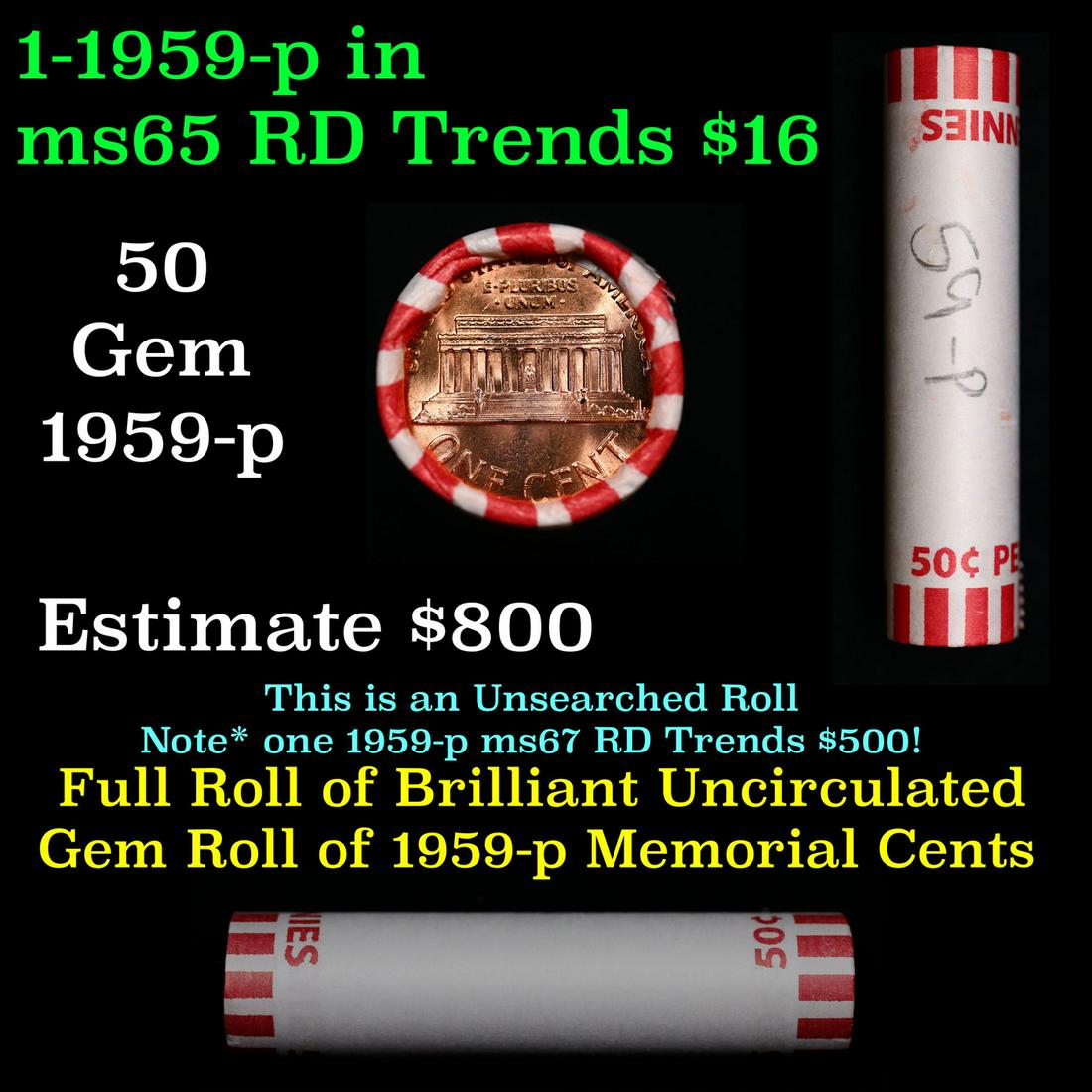Shotgun Lincoln 1c roll, 1959-p 50 pcs Bank Wrapper.: Shotgun Lincoln 1c roll, 1959-p 50 pcs Bank Wrapper.. A terrific Shotgun roll of Lincoln cents. Most if not all coin should be cherry red.