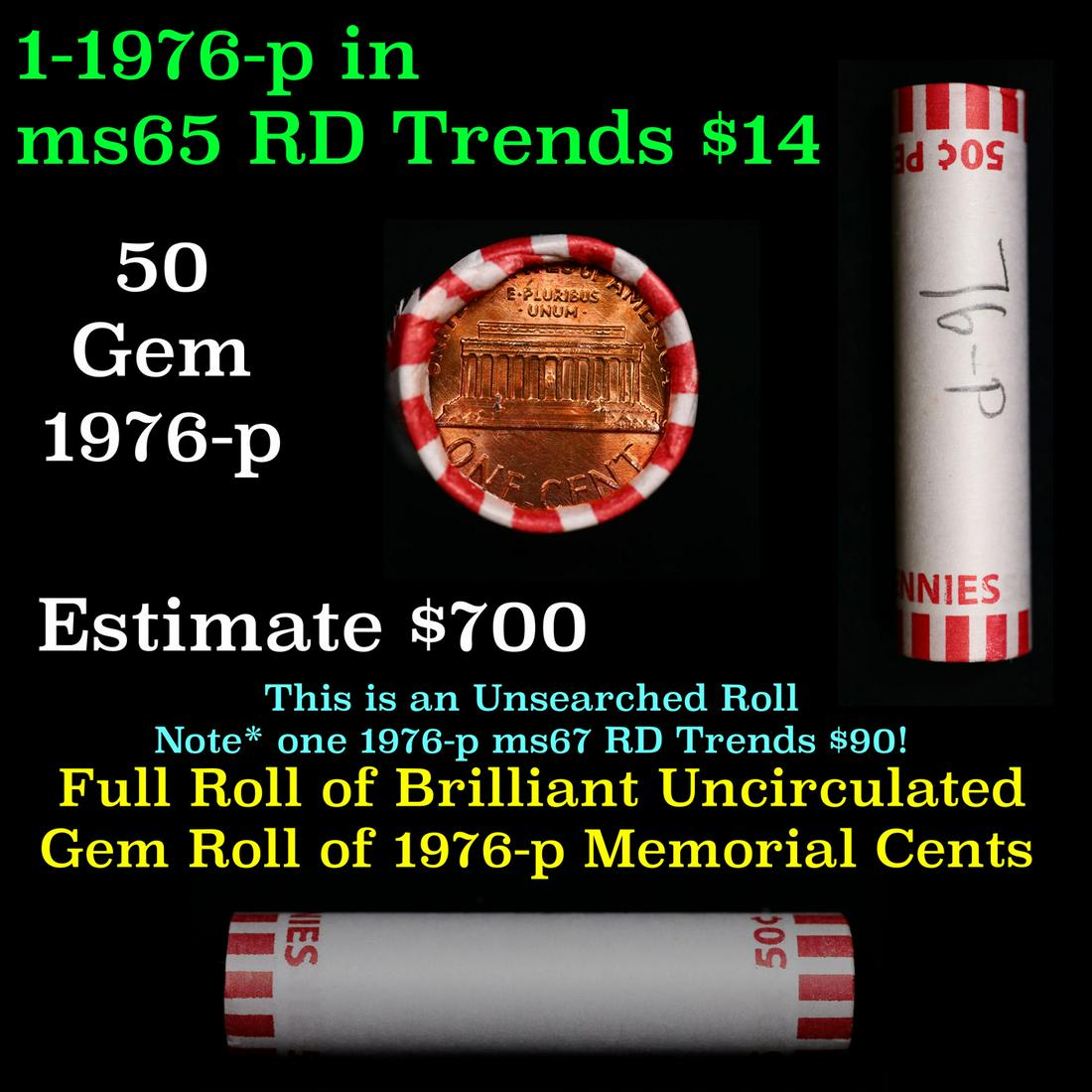 Shotgun Lincoln 1c roll, 1976-p 50 pcs Bank Wrapper.: Shotgun Lincoln 1c roll, 1976-p 50 pcs Bank Wrapper.. A terrific Shotgun roll of Lincoln cents. Most if not all coin should be cherry red.