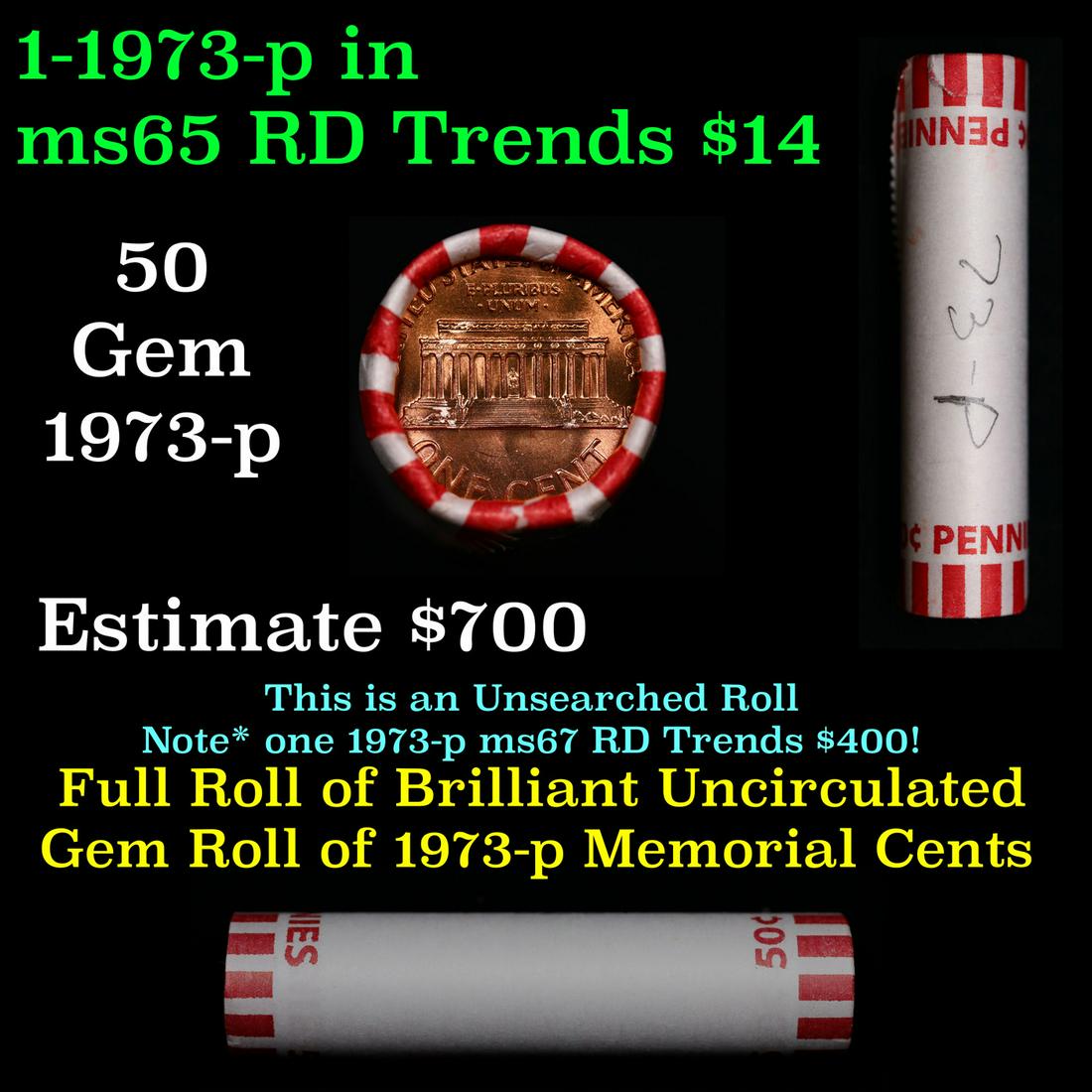 Shotgun Lincoln 1c roll, 1973-p 50 pcs Bank Wrapper.: Shotgun Lincoln 1c roll, 1973-p 50 pcs Bank Wrapper.. A terrific Shotgun roll of Lincoln cents. Most if not all coin should be cherry red.