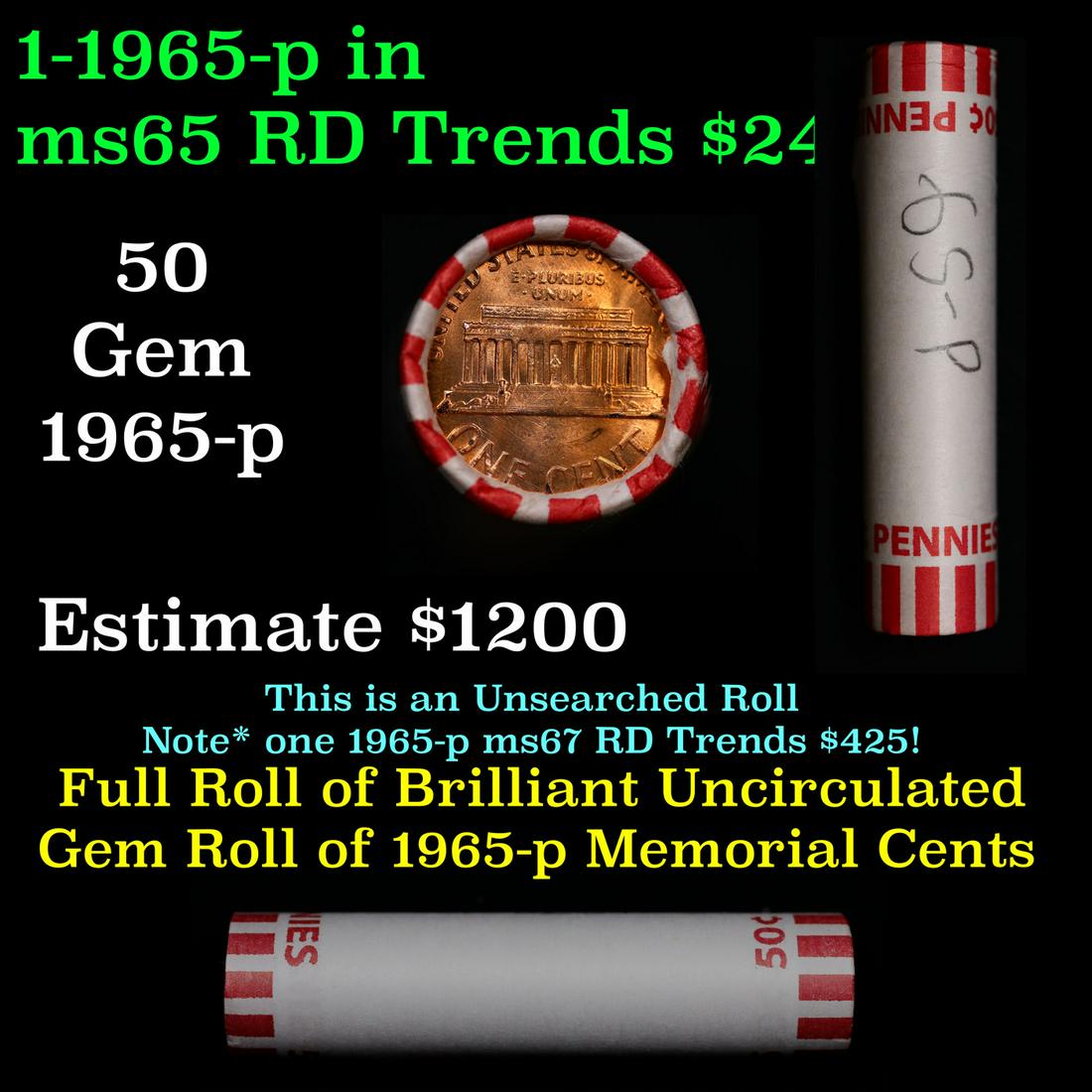 Shotgun Lincoln 1c roll, 1965-p 50 pcs Bank Wrapper.: Shotgun Lincoln 1c roll, 1965-p 50 pcs Bank Wrapper.. A terrific Shotgun roll of Lincoln cents. Most if not all coin should be cherry red.