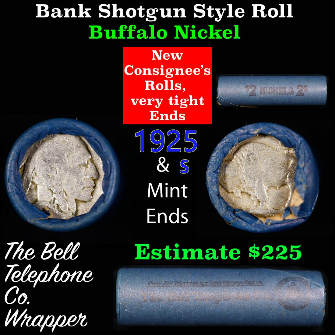 Buffalo Nickel Shotgun Roll in Old Bank Style 'Bell Telephone' Wrapper 1925 &s Mint Ends: Buffalo Nickel Shotgun Roll in Old Bank Style 'Bell Telephone' Wrapper 1925 &s Mint Ends. The roll is held in an old, rare "Bell Telephone Co." Bank style wrapper. This is the Bell Telephone logo from