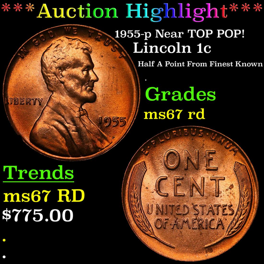 1955-p Lincoln Cent 1c Grades GEM++ Unc RD (1 of 3)