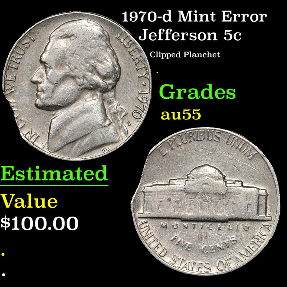 1970-d Jefferson Nickel Mint Error 5c Grades Choice AU (1 of 3)
