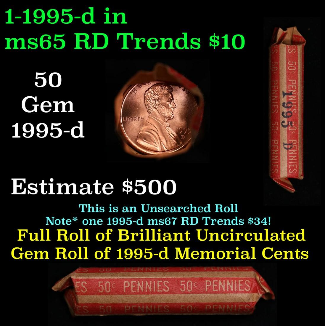 Shotgun Lincoln 1c roll, 1995-d 50 pcs Bank Wrapper.: Shotgun Lincoln 1c roll, 1995-d 50 pcs Bank Wrapper.. A terrific Shotgun roll of Lincoln cents. Most if not all coin should be cherry red.
