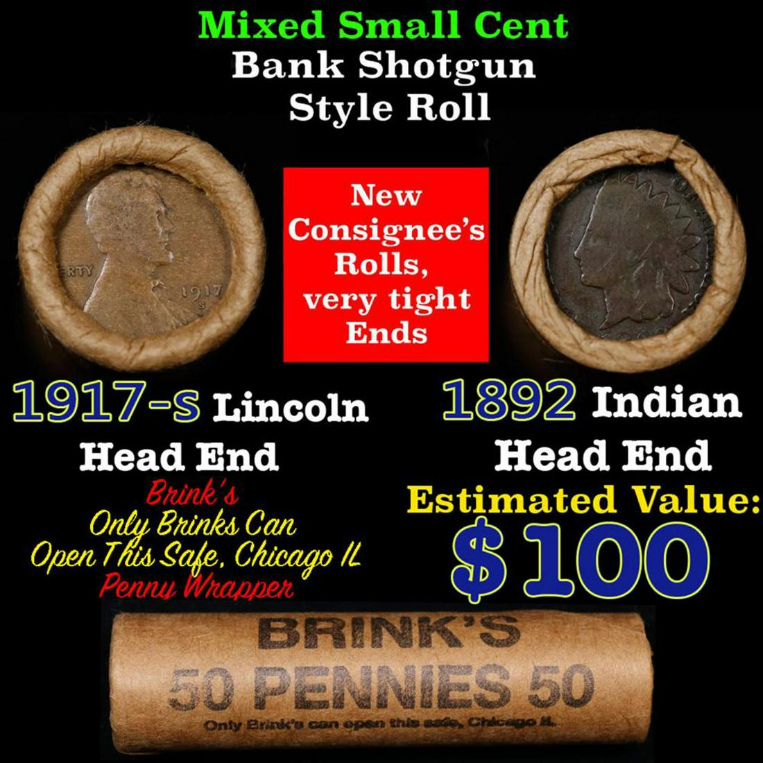 Mixed small cents 1c orig shotgun roll, 1917-s Wheat Cent, 1892 Indian Cent other end, Brinks: Mixed small cents 1c orig shotgun roll, 1917-s Wheat Cent, 1892 Indian Cent other end, Brinks Wrapper.. The roll is held in an old Rare & Collectable Brinks 'Only Brinks Can Open This Safe, Chicago IL