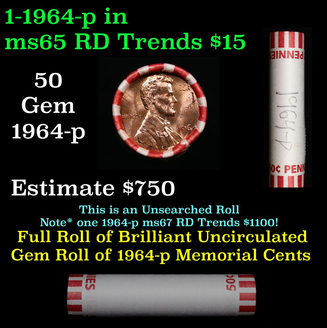 Shotgun Lincoln 1c roll, 1964-p 50 pcs Bank Wrapper.: Shotgun Lincoln 1c roll, 1964-p 50 pcs Bank Wrapper.. A terrific Shotgun roll of Lincoln cents. Most if not all coin should be cherry red.