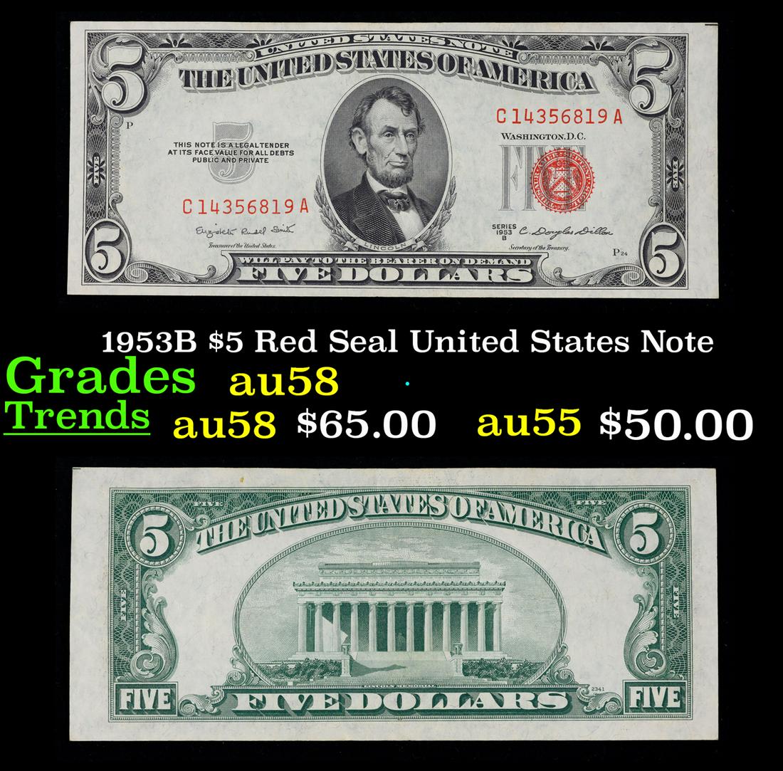 1953B $5 Red Seal United States Note Grades Choice AU/BU Slider (1 of 3)