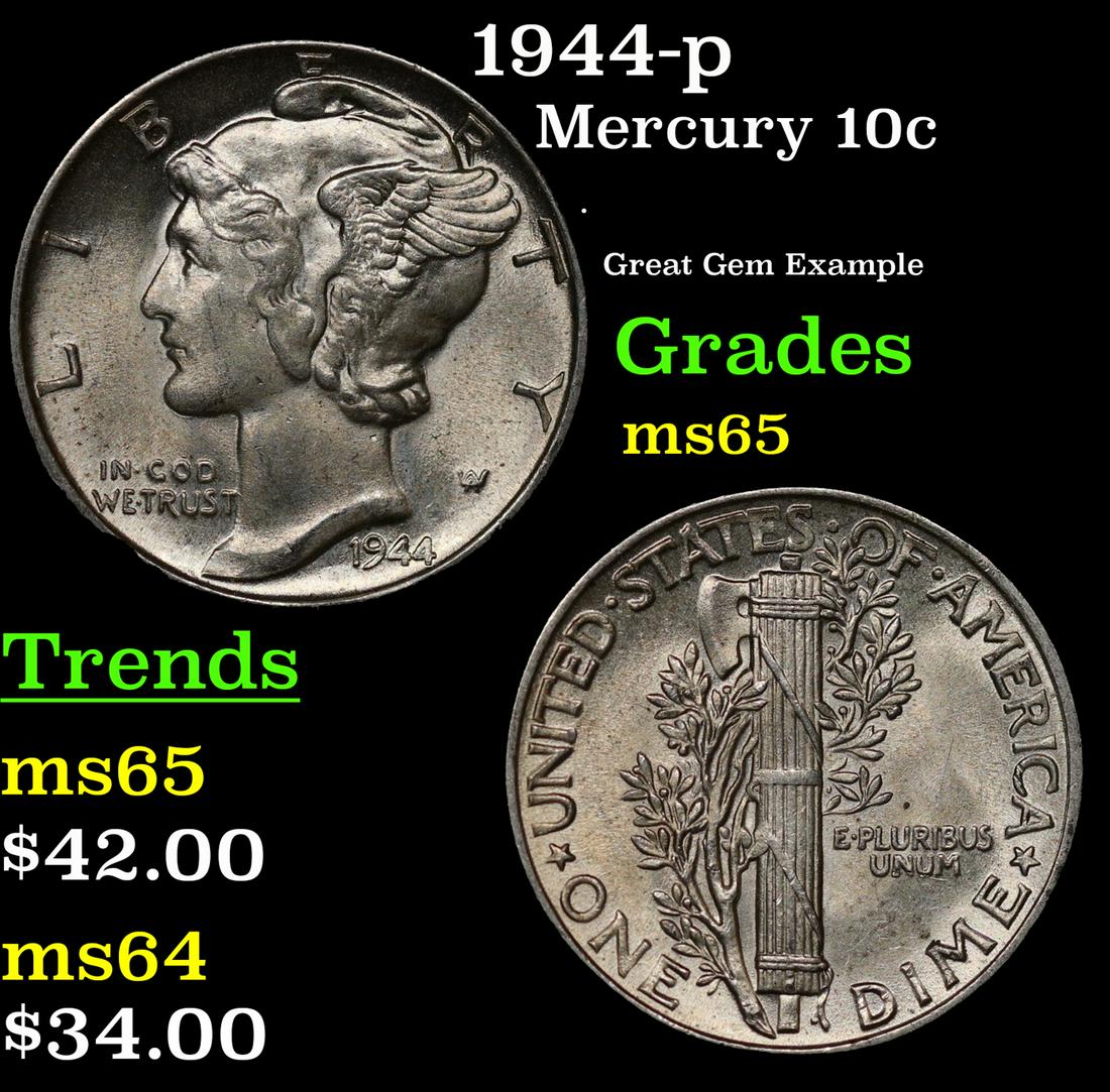 1944-p Mercury Dime 10c Grades GEM Unc (1 of 3)