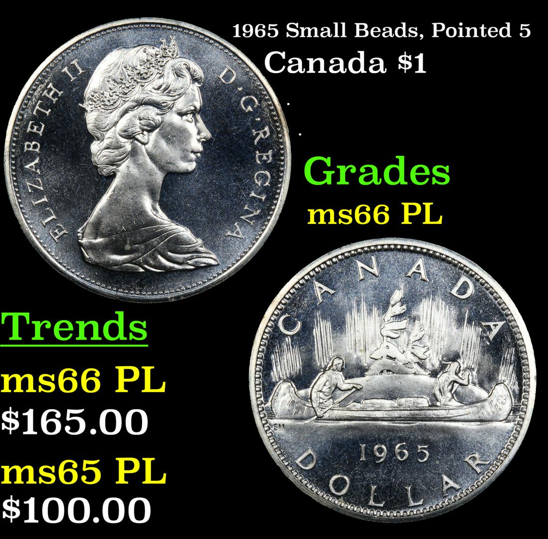 1965 Small Beads, Pointed 5 Canada Dollar $1 Grades GEM+ UNC PL (1 of 3)