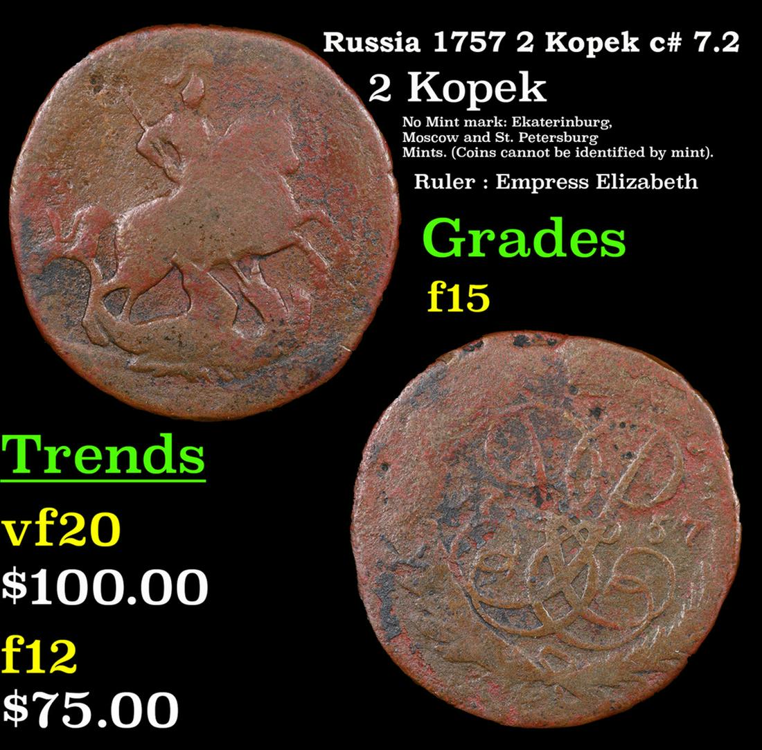 Russia 1757 2 Kopek c# 7.2 Grades f+ (1 of 3)