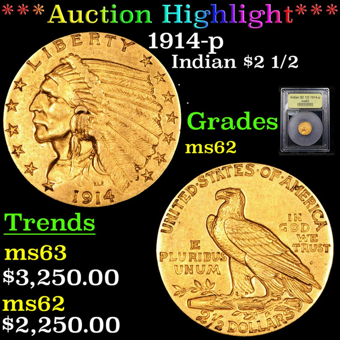 ***Auction Highlight*** 1914-p Gold Indian Quarter Eagle $2 1/2 Graded Select Unc By USCG (fc) (1 of 5)