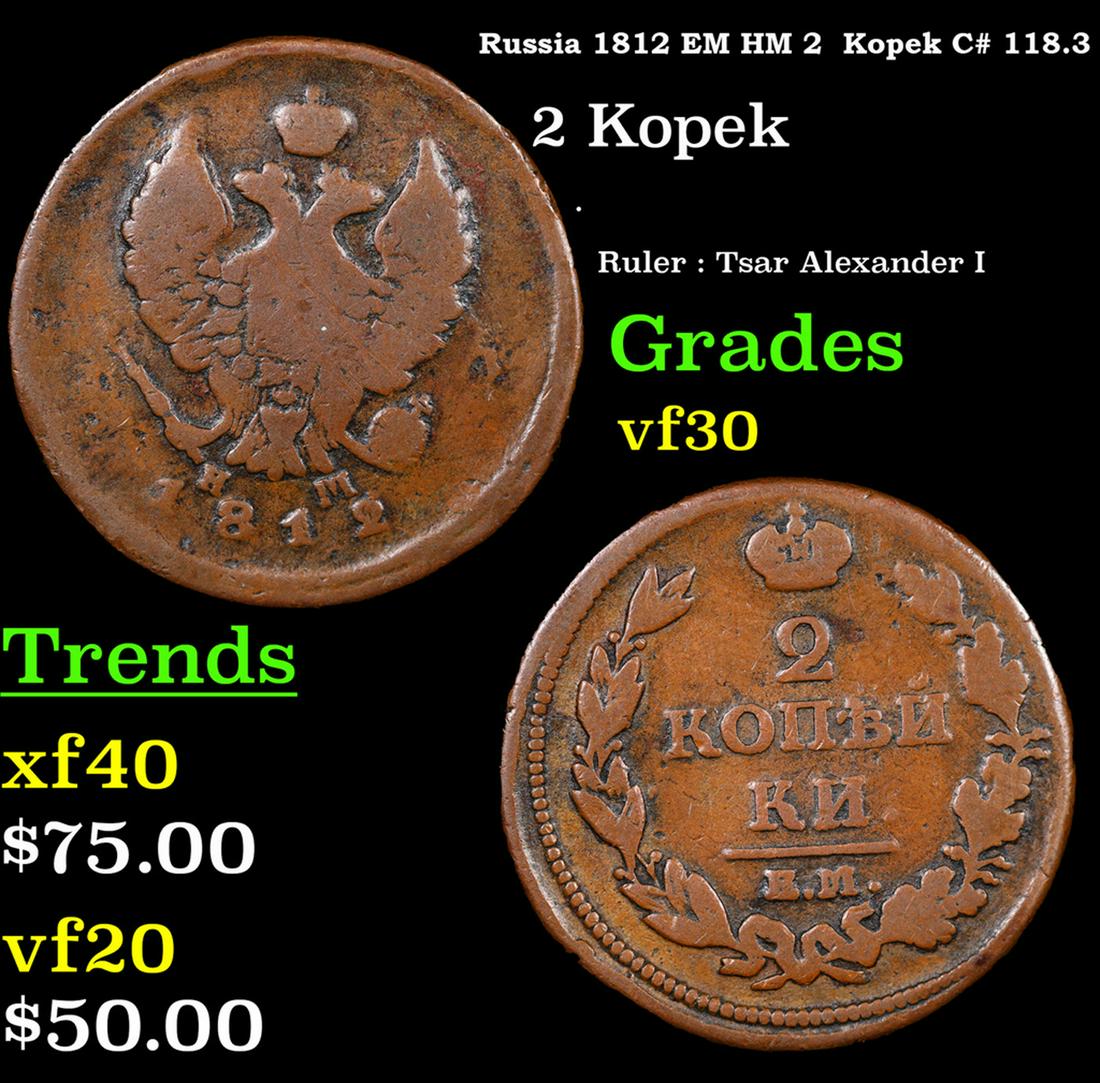 Russia 1812 EM HM 2  Kopek C# 118.3 Grades vf++ (1 of 3)