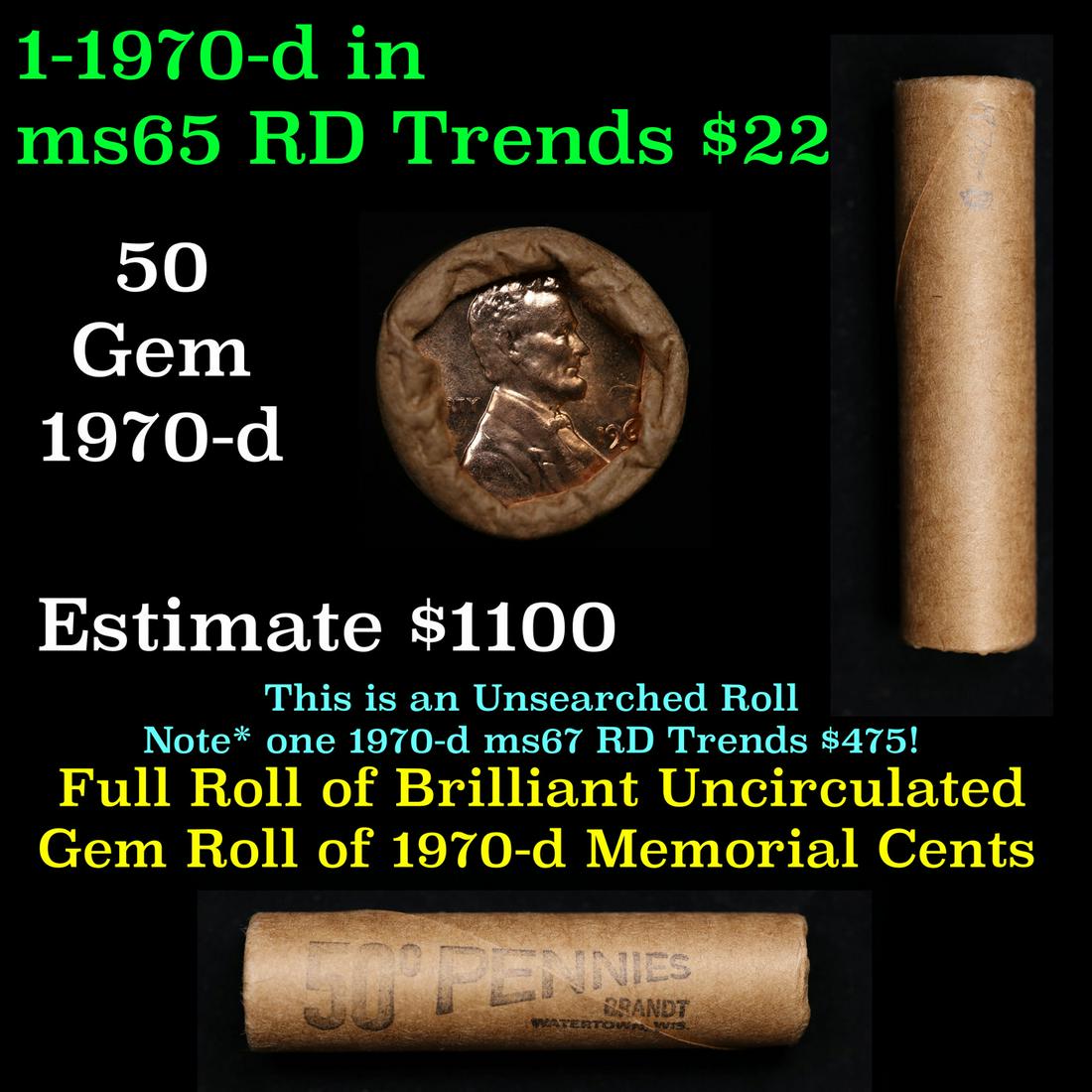 Shotgun Lincoln 1c roll, 1970-d 50 pcs Brandt Wrapper.: Shotgun Lincoln 1c roll, 1970-d 50 pcs Brandt Wrapper.. A terrific Shotgun roll of Lincoln cents. Most if not all coin should be cherry red.