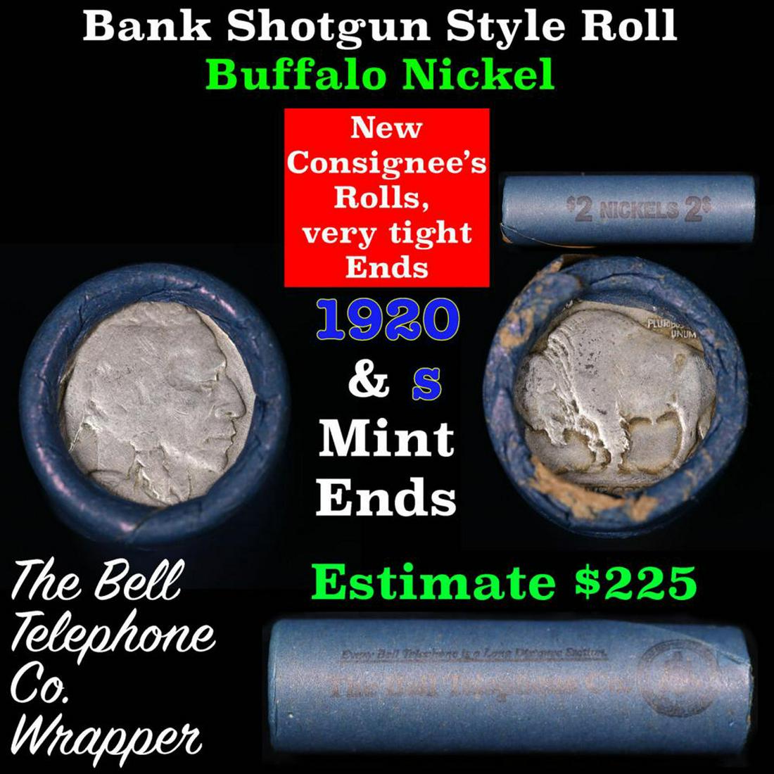 Buffalo Nickel Shotgun Roll in Old Bank Style 'Bell Telephone' Wrapper 1920 & s Mint Ends: Buffalo Nickel Shotgun Roll in Old Bank Style 'Bell Telephone' Wrapper 1920 & s Mint Ends. The roll is held in an old, rare "Bell Telephone Co." Bank style wrapper. This is the Bell Telephone logo fro