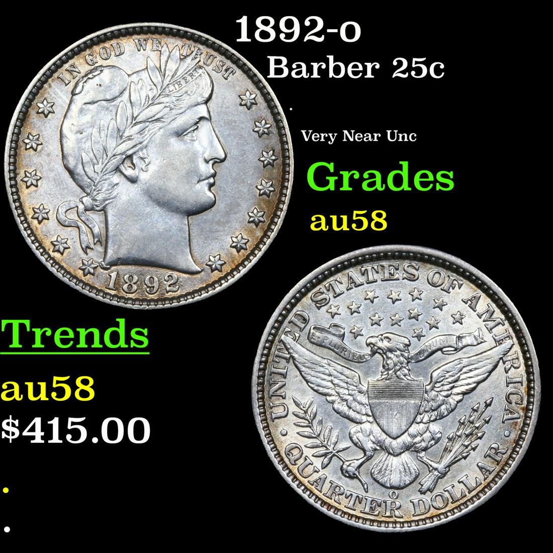 1892-o Barber Quarter 25c Grades Choice AU/BU Slider (1 of 3)