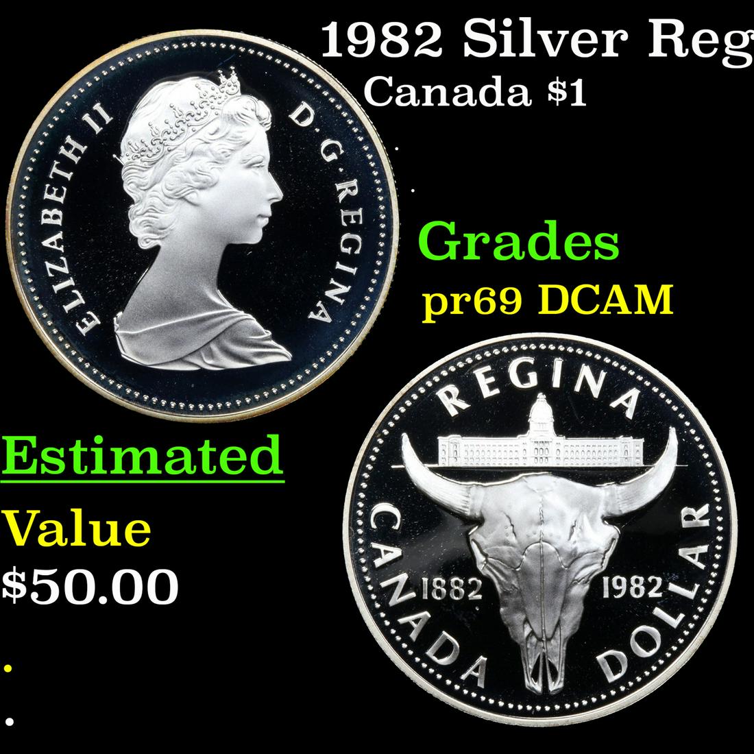 Proof 1982 Silver Regina Centennial Canada Dollar $1 Grades GEM++ Proof Deep Cameo (1 of 3)