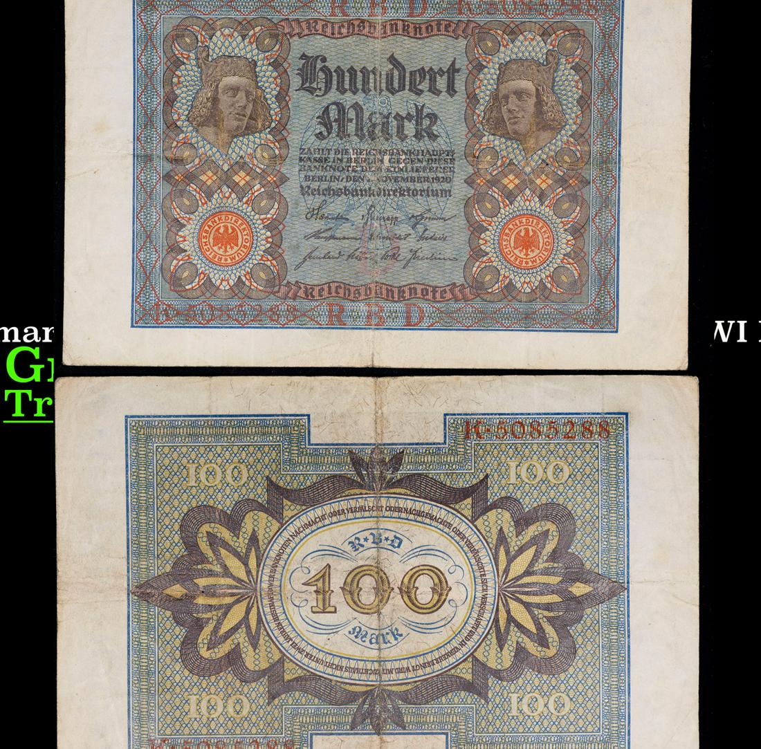 1920 Germany (Weimar Republic) 100 Marks Banknote - Post-WWI Hyperinflation P# 69a Grades vf+ (1 of 3)
