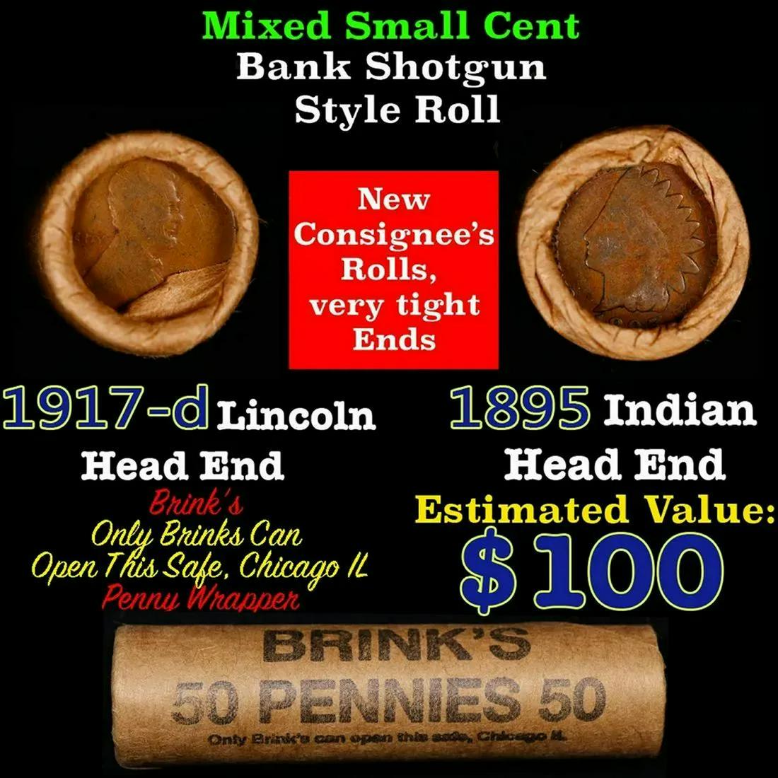 Mixed small cents 1c orig shotgun roll, 1917-d Wheat Cent, 1895 Indian Cent other end, Brinks: Mixed small cents 1c orig shotgun roll, 1917-d Wheat Cent, 1895 Indian Cent other end, Brinks Wrapper.. The roll is held in an old Rare & Collectable Brinks 'Only Brinks Can Open This Safe, Chicago IL
