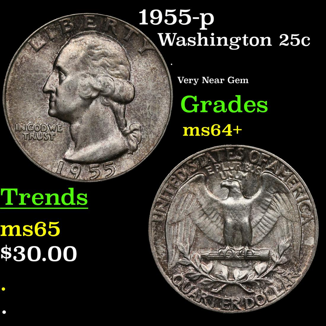 1955-p Washington Quarter 25c Grades Choice+ Unc: 1955-p Washington Quarter 25c Grades Choice+ Unc.