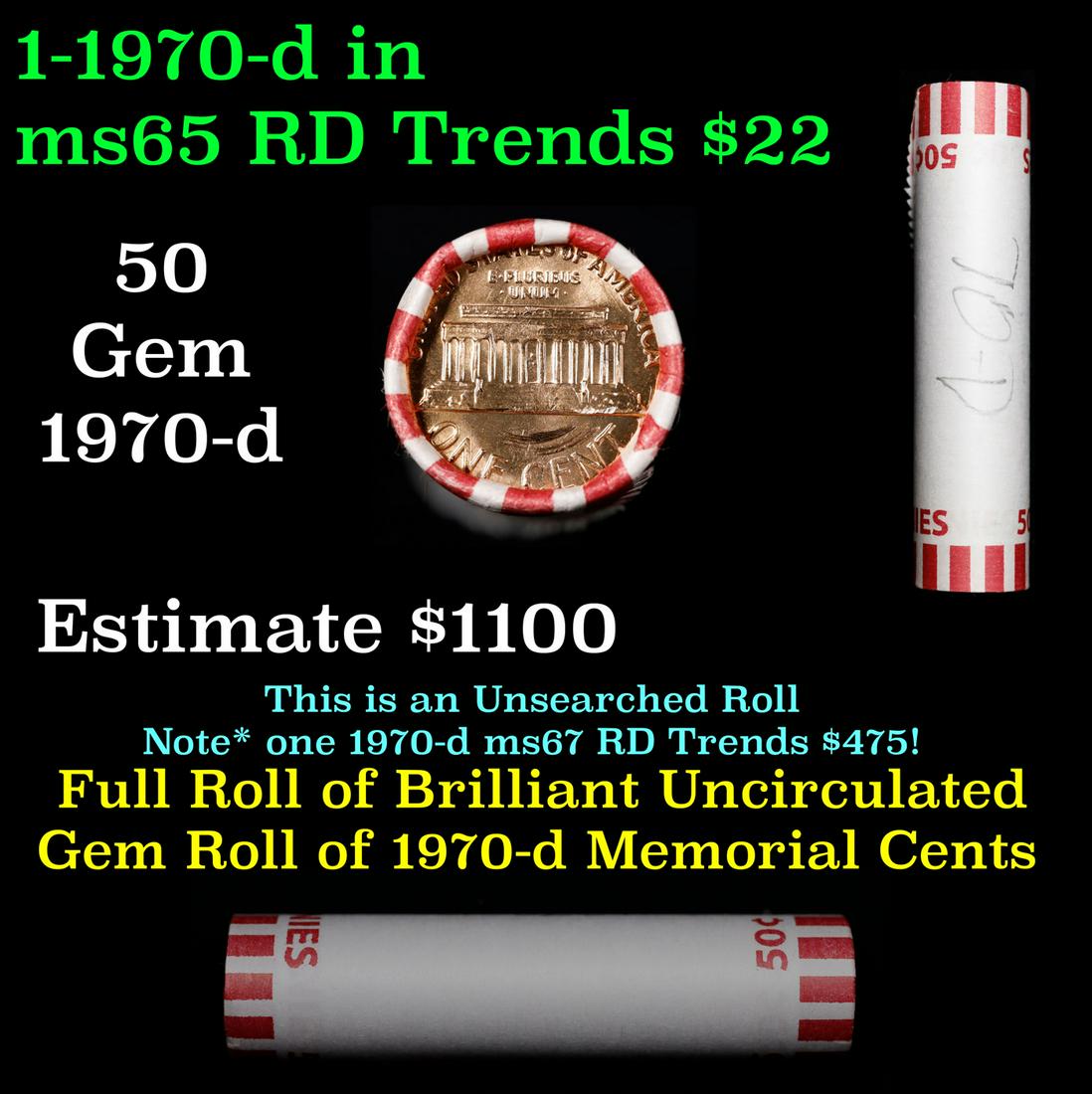 Shotgun Lincoln 1c roll, 1970-d 50 pcs Bank Wrapper.: Shotgun Lincoln 1c roll, 1970-d 50 pcs Bank Wrapper.. A terrific Shotgun roll of Lincoln cents. Most if not all coin should be cherry red.