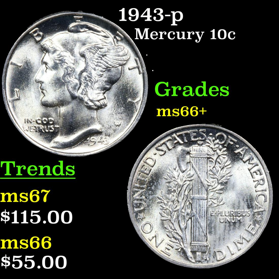 1943-p Mercury Dime 10c Grades GEM++ Unc (1 of 3)