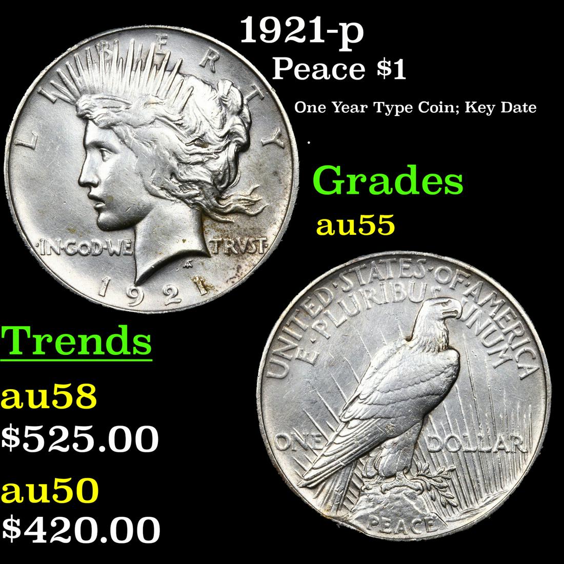 1921-p Peace Dollar $1 Grades Choice AU (1 of 3)