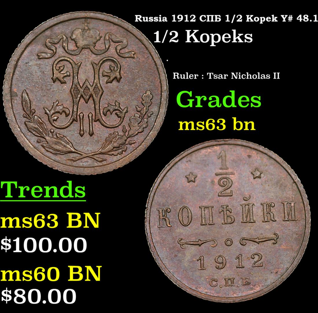 Russia 1912 Ð¡ÐŸÐ‘ 1/2 Kopek Y# 48.1 Grades Select Unc BN (1 of 3)
