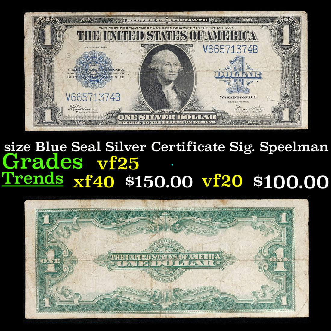 1923 $1 Large size Blue Seal Silver Certificate Sig. Speelman & White Fr-237 Grades vf+: 1923 $1 Large size Blue Seal Silver Certificate Sig. Speelman & White Fr-237 Grades vf+. The term â€œhorse blanket” gets used a lot when talking about large size currency. It is most frequen
