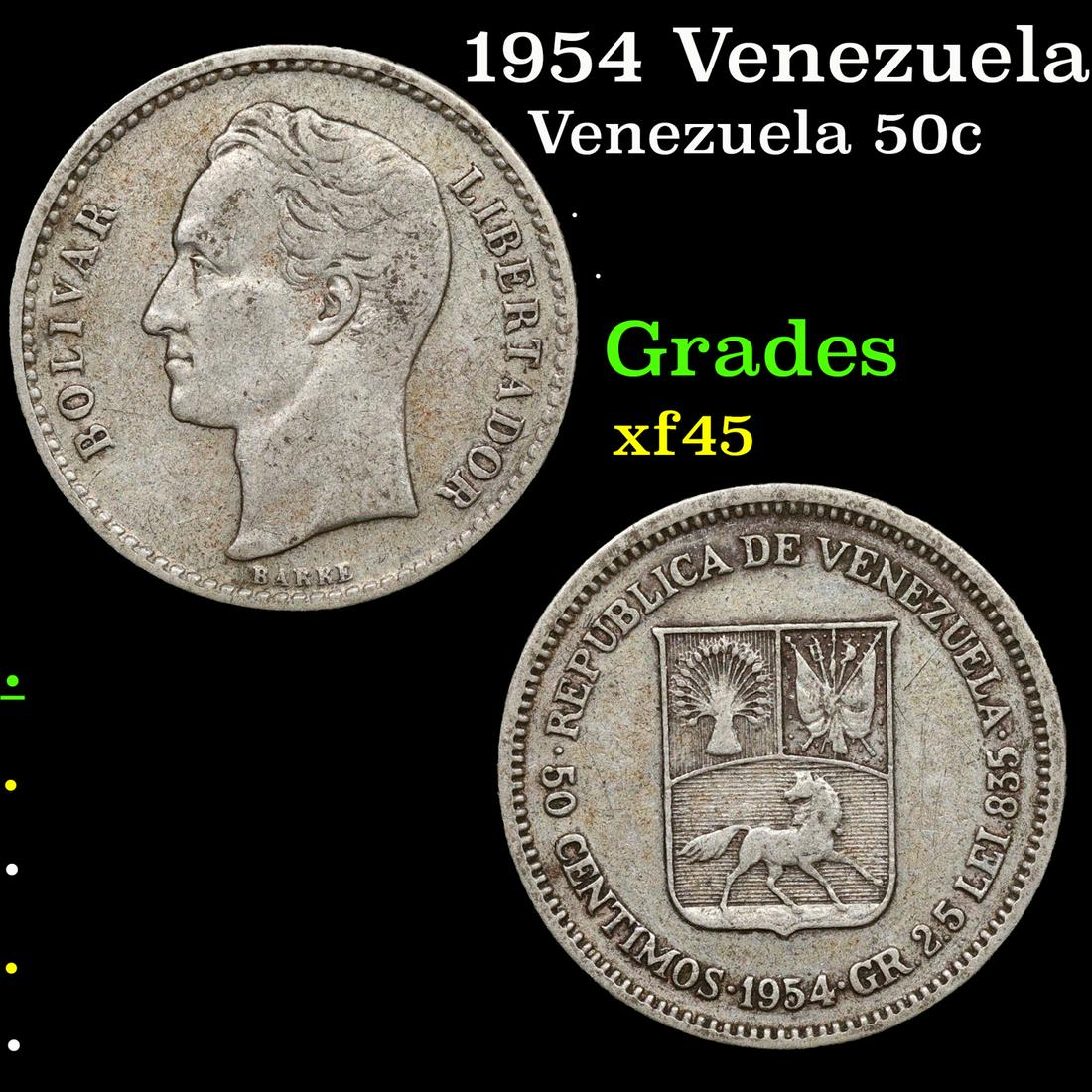 1954 Venezuela 50 Centimos Silver Y# 36 Grades xf+ (1 of 3)