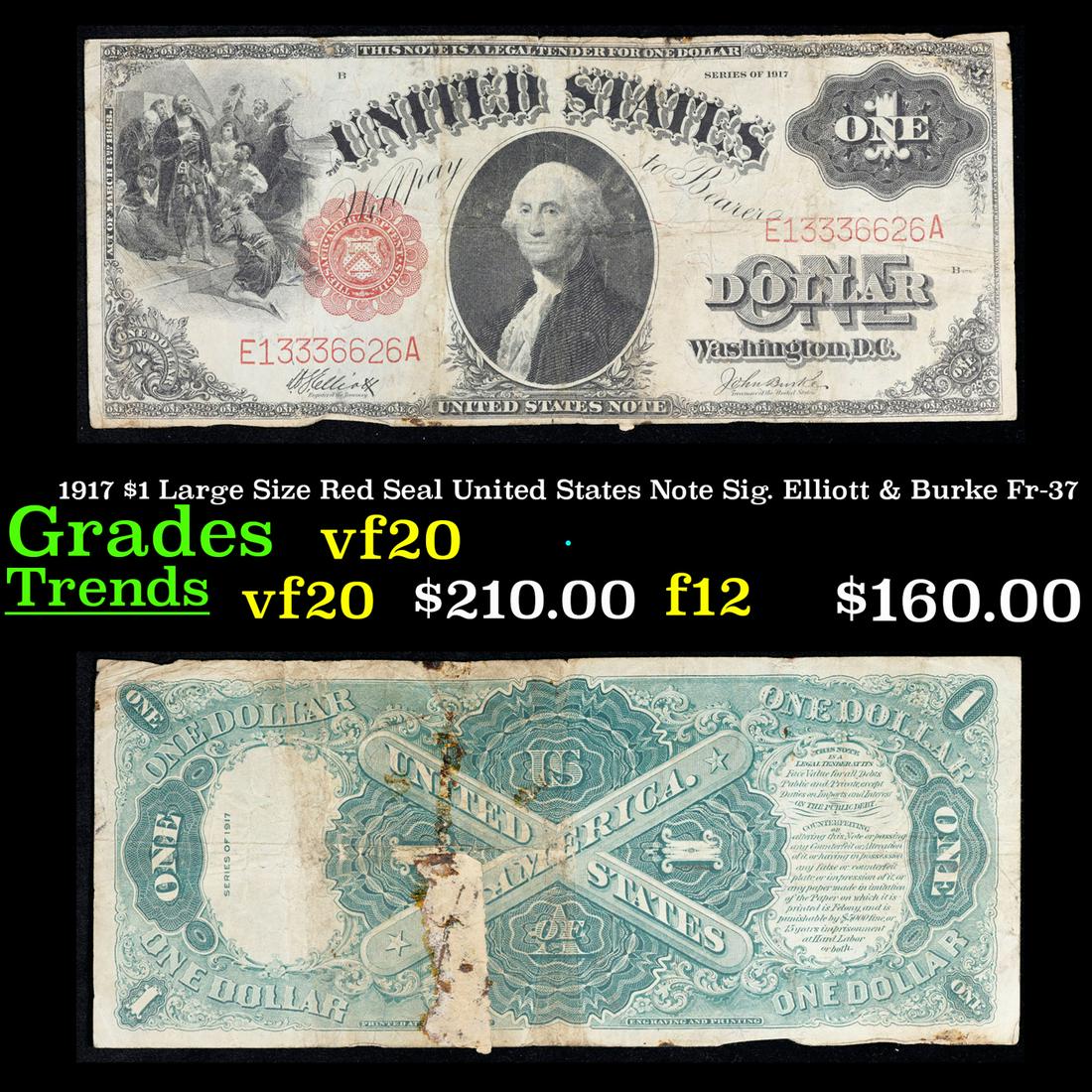 1917 $1 Large Size Red Seal United States Note Sig. Elliott & Burke Fr-37 Grades vf, very fine (1 of 3)