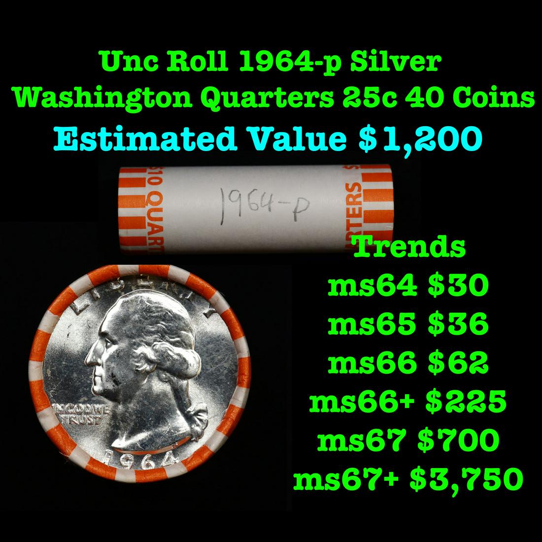 ***Auction Highlight*** Full Roll of Silver Unc 1964-p Washington 25c, 40 Coins in Total Brilliant (1 of 4)