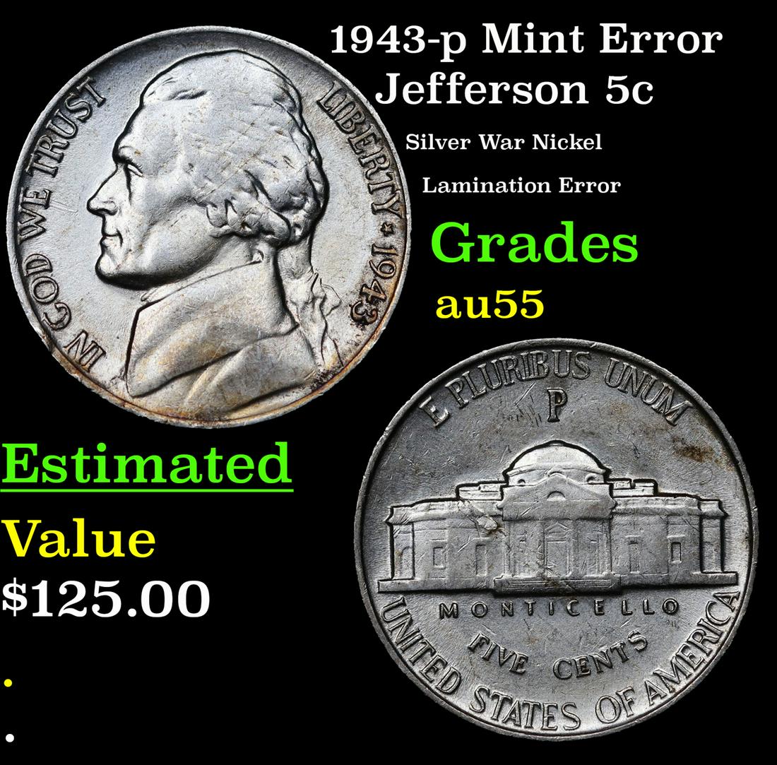 1943-p Jefferson Nickel Mint Error 5c Grades Choice AU (1 of 3)