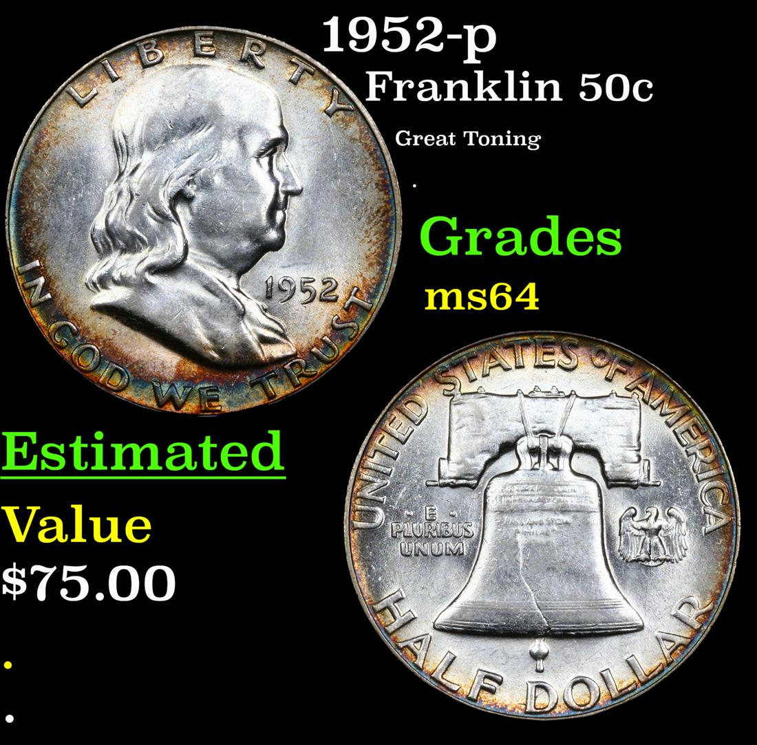 1952-p Franklin Half Dollar 50c Grades Choice Unc (1 of 3)